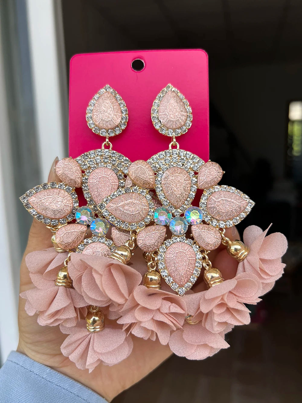 Boho Flower Tassel Earrings – Crystal Rhinestone Statement Jewelry for Women