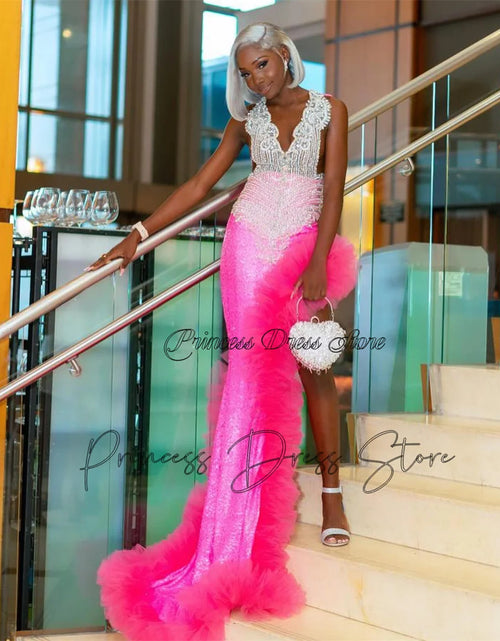 Load image into Gallery viewer, Dazzling Diva: Luxury Sparkly Diamonds Prom Dress with High Slit &amp; Ruffles
