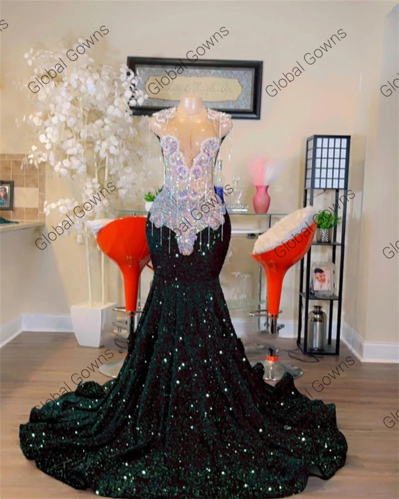 Sheer Crystal Tassel Prom Dress – Custom Sequined Birthday & Evening Gown