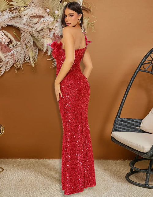 Load image into Gallery viewer, Dazzling Sequined Backless Maxi Dress with Feather &amp; Bead Detailing – Perfect for Birthday Party
