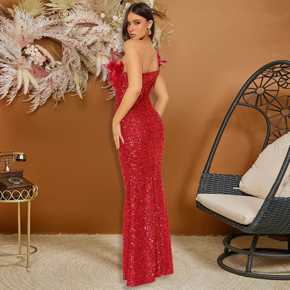 Dazzling Sequined Backless Maxi Dress with Feather & Bead Detailing – Perfect for Birthday Party