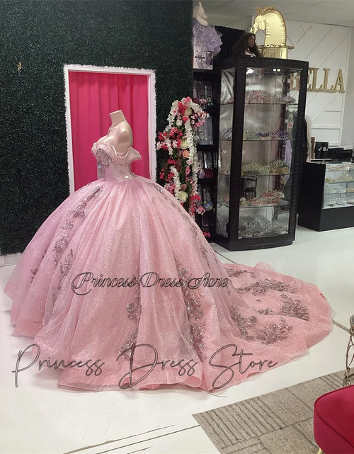 Load image into Gallery viewer, Blushing Royalty: Luxury Pink Princess Quinceañera Ball Gown with 3D Floral Appliques
