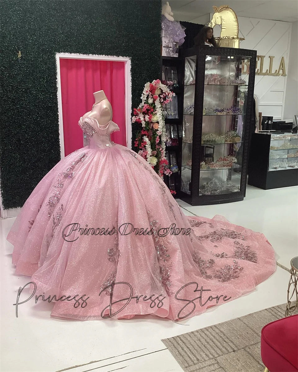 Blushing Royalty: Luxury Pink Princess Quinceañera Ball Gown with 3D Floral Appliques