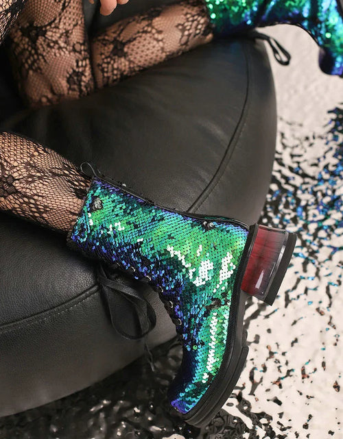 Load image into Gallery viewer, Sparkle &amp; Comfort: Sequined Platform Ankle Boots with Square Heels
