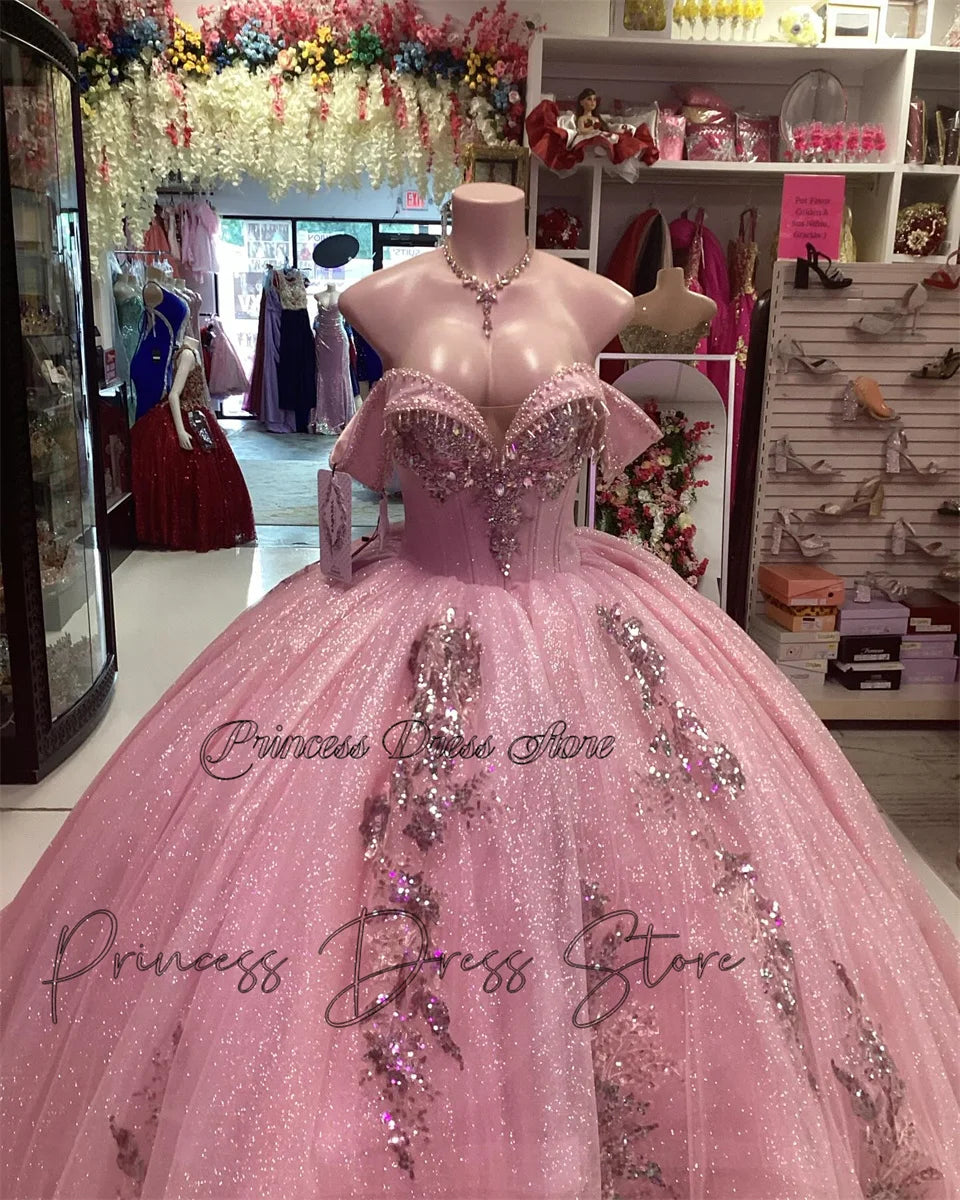 Blushing Royalty: Luxury Pink Princess Quinceañera Ball Gown with 3D Floral Appliques