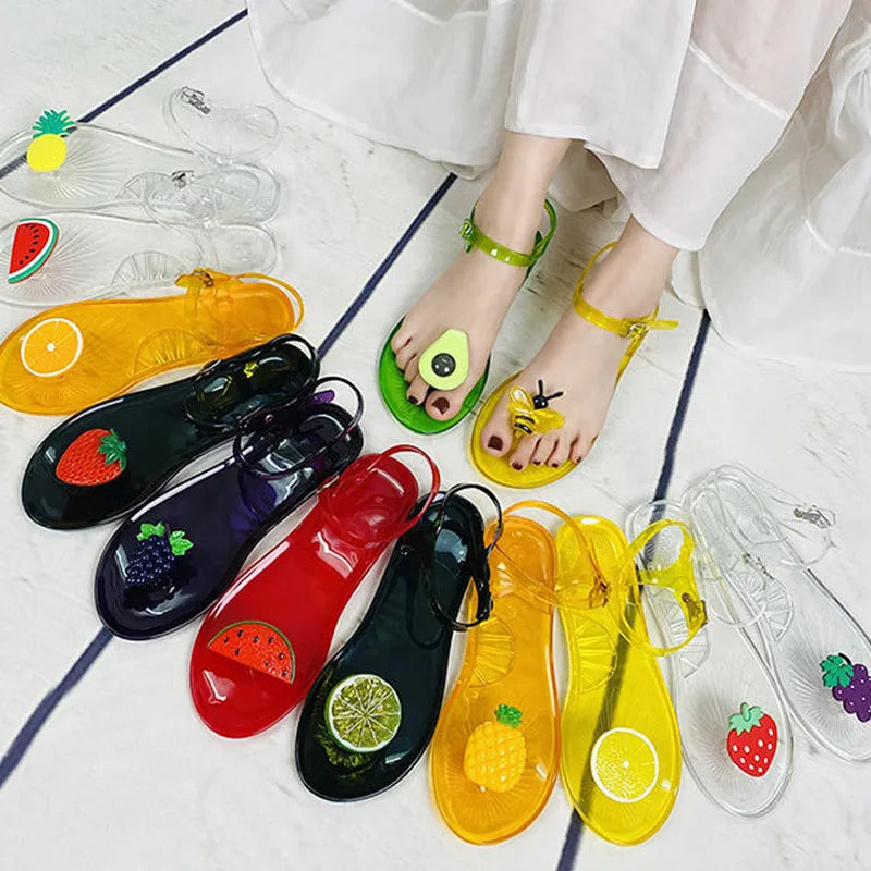 Women Fruit Jelly Sandals PVC Flat Flip-flop Sandal Ladies Summer Outdoor Fashion Non-slip Buckle Strap Beach Shoes Slides