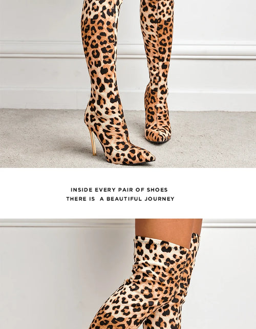 Load image into Gallery viewer, Chic &amp; Bold: Women&#39;s Leopard Print Long Boots with Slim Heels - Sexy, Stylish &amp; Plus-Size Friendly!
