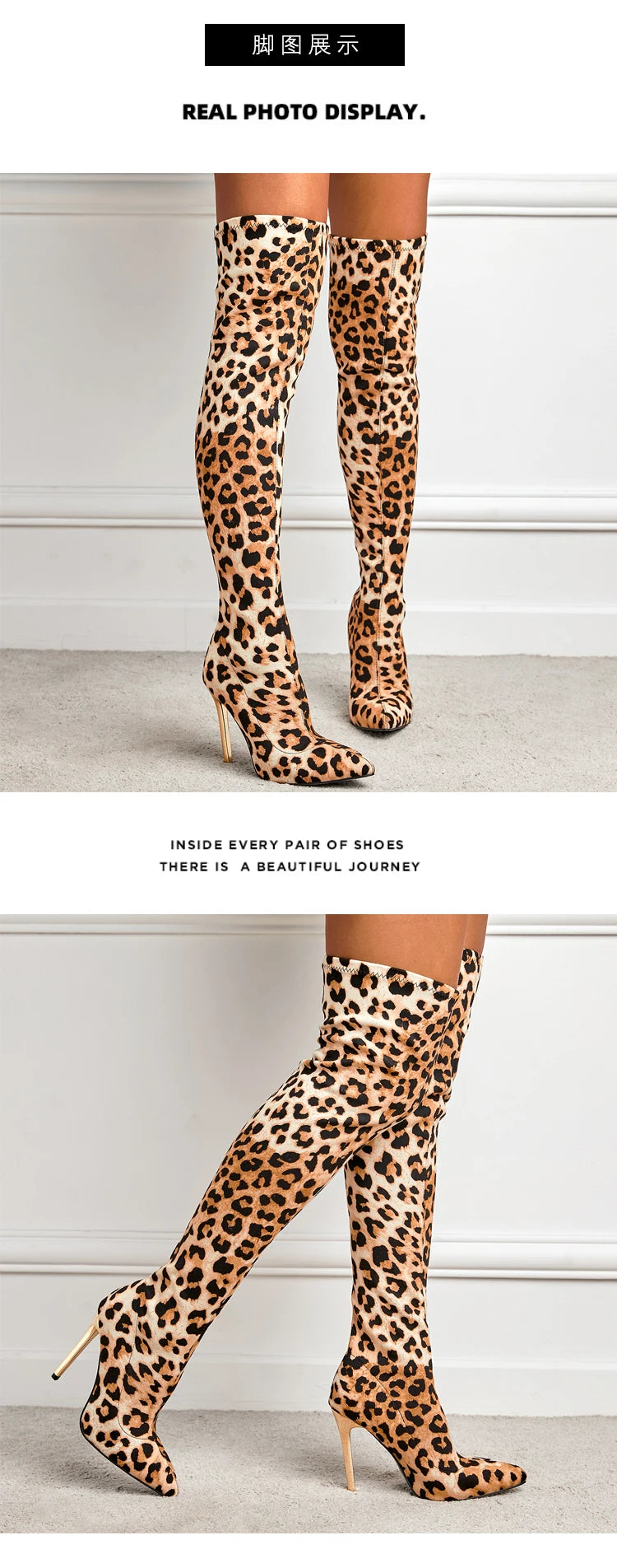 Chic & Bold: Women's Leopard Print Long Boots with Slim Heels - Sexy, Stylish & Plus-Size Friendly!