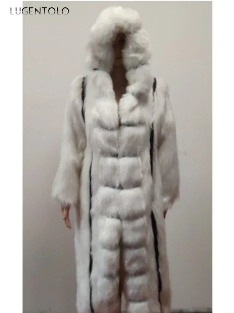 Elegant Women’s X-Long Faux Fur Coat – Hooded Loose Fit Winter Fashion Coat for Large Sizes