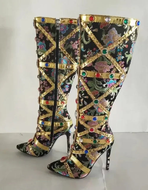 Load image into Gallery viewer, Vibrant Elegance: Colorful Rhinestone Embroidered Mid-Length Ethnic Boots
