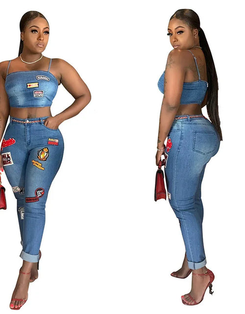 Load image into Gallery viewer, Sexy Denim Two-Piece Set – Women’s Crop Top and Pants Matching Outfit
