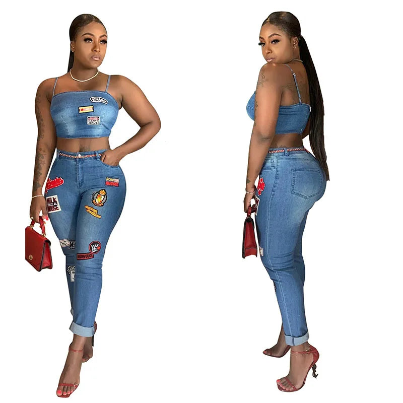 Sexy Denim Two-Piece Set – Women’s Crop Top and Pants Matching Outfit