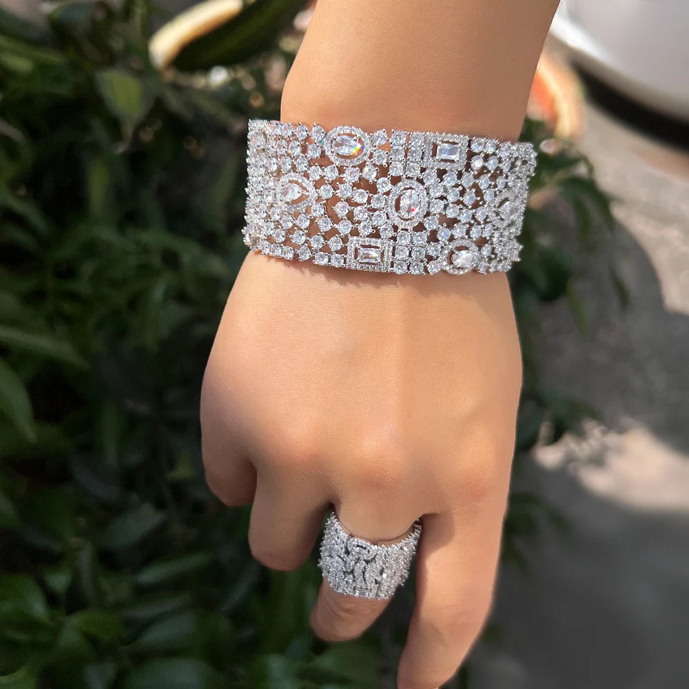 Luxury Chunky Cubic Zirconia Inlay Wide Open Cuff Bangle & Ring Set – Dubai Wedding Bridal Party Jewelry