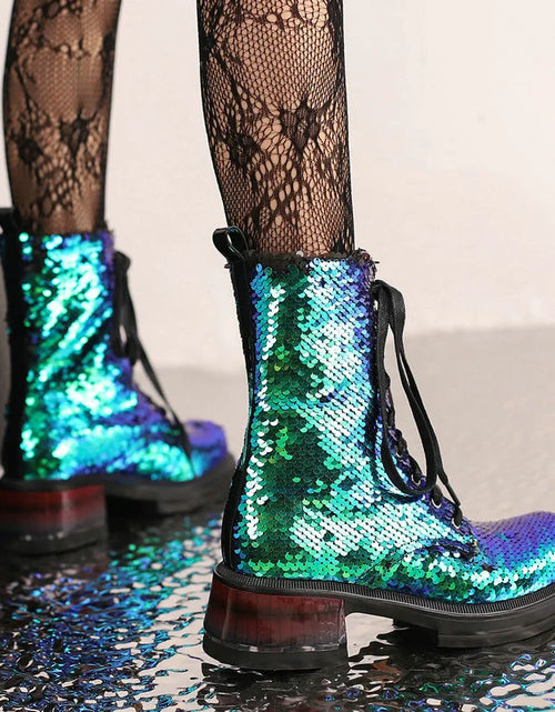 Load image into Gallery viewer, Sparkle &amp; Comfort: Sequined Platform Ankle Boots with Square Heels
