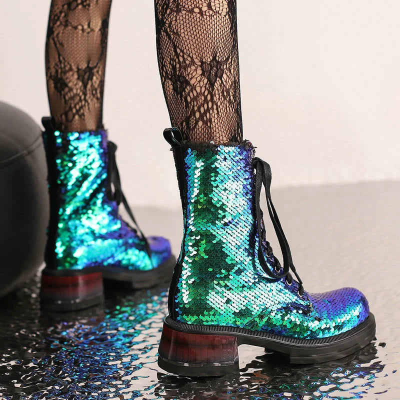 Sparkle & Comfort: Sequined Platform Ankle Boots with Square Heels