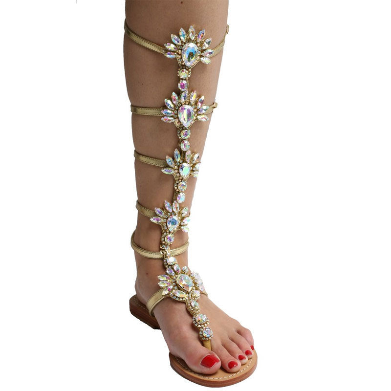 Boho Glam: Rhinestone Knee-High Sandal Boots for Effortless Summer Elegance