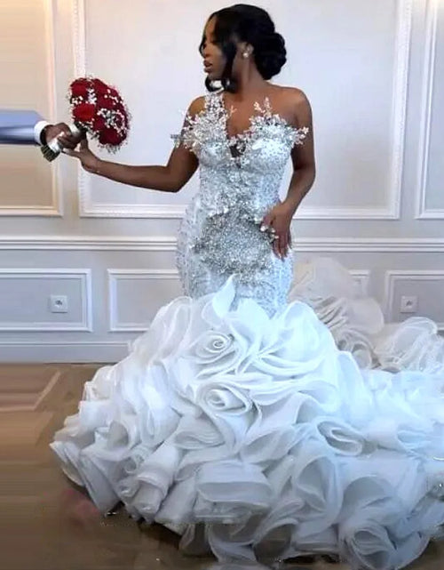 Load image into Gallery viewer, Luxurious Beaded Crystal Mermaid Wedding Dress with Ruffled Bottom – Aso Ebi Bridal Gown
