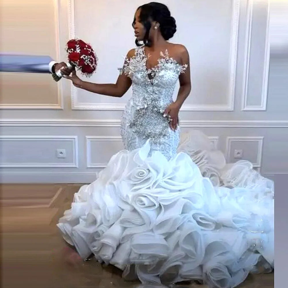 Luxurious Beaded Crystal Mermaid Wedding Dress with Ruffled Bottom – Aso Ebi Bridal Gown