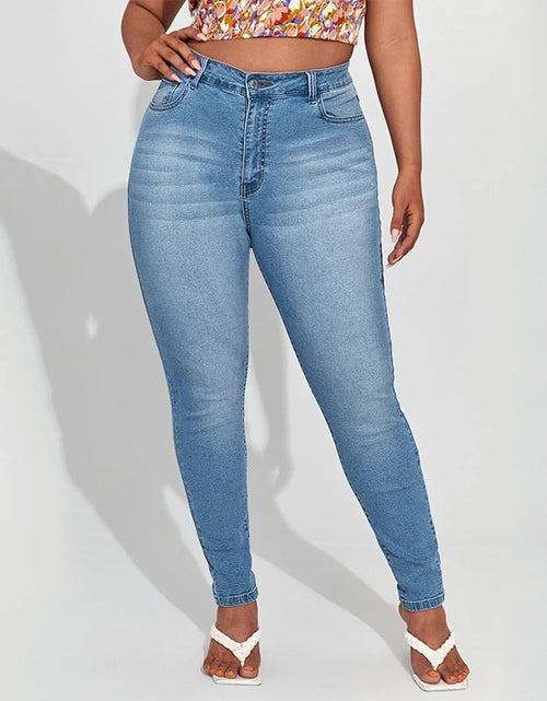 Load image into Gallery viewer, Plus-Size High-Waist Stretch Mom Jeans – Skinny Washed Denim for Women with 100kg+ Fit
