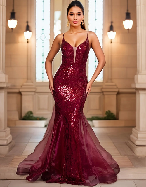 Load image into Gallery viewer, Glamorous &amp; Bold: Deep V-Neck Sequin Spaghetti Strap Evening Gown for Unforgettable Nights
