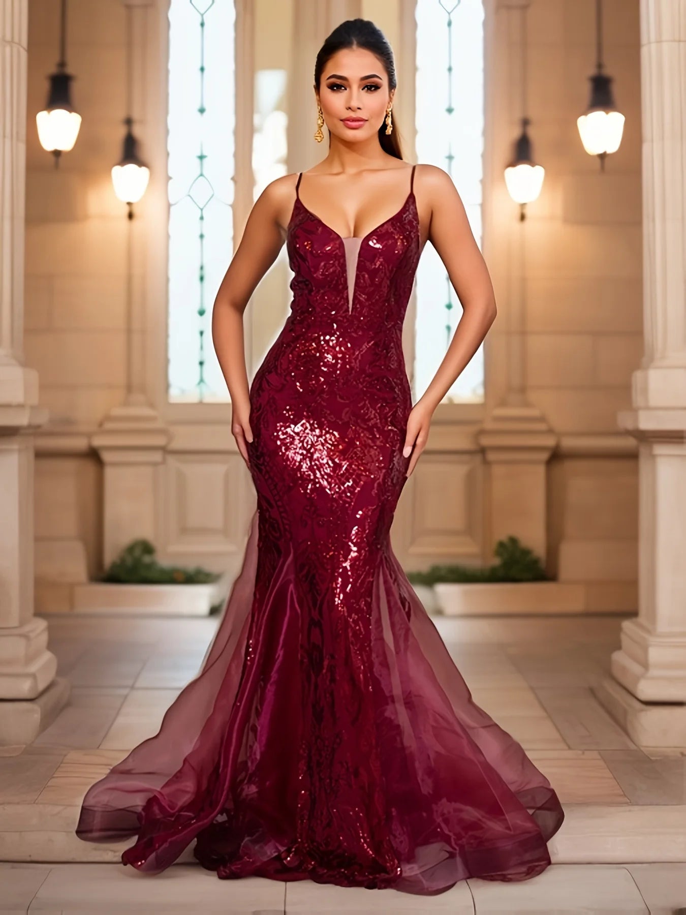 Glamorous & Bold: Deep V-Neck Sequin Spaghetti Strap Evening Gown for Unforgettable Nights