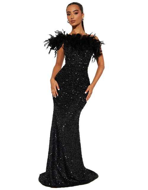 Load image into Gallery viewer, Dazzling Sequined Backless Maxi Dress with Feather &amp; Bead Detailing – Perfect for Birthday Party
