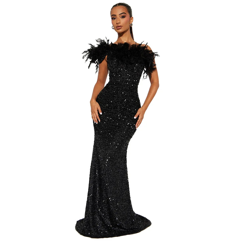 Dazzling Sequined Backless Maxi Dress with Feather & Bead Detailing – Perfect for Birthday Party