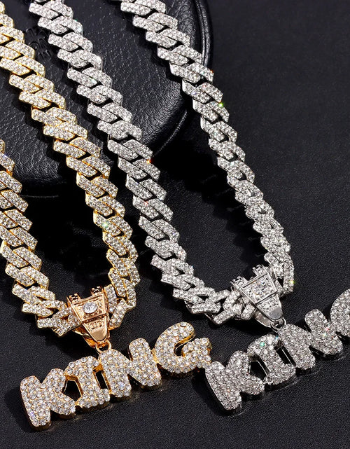 Load image into Gallery viewer, Iced Out Full Rhinestones KING QUEEN Letter Pendant Necklace 14mm Miami Rhombus Cuban Chain Hip Hop Necklaces Jewelry
