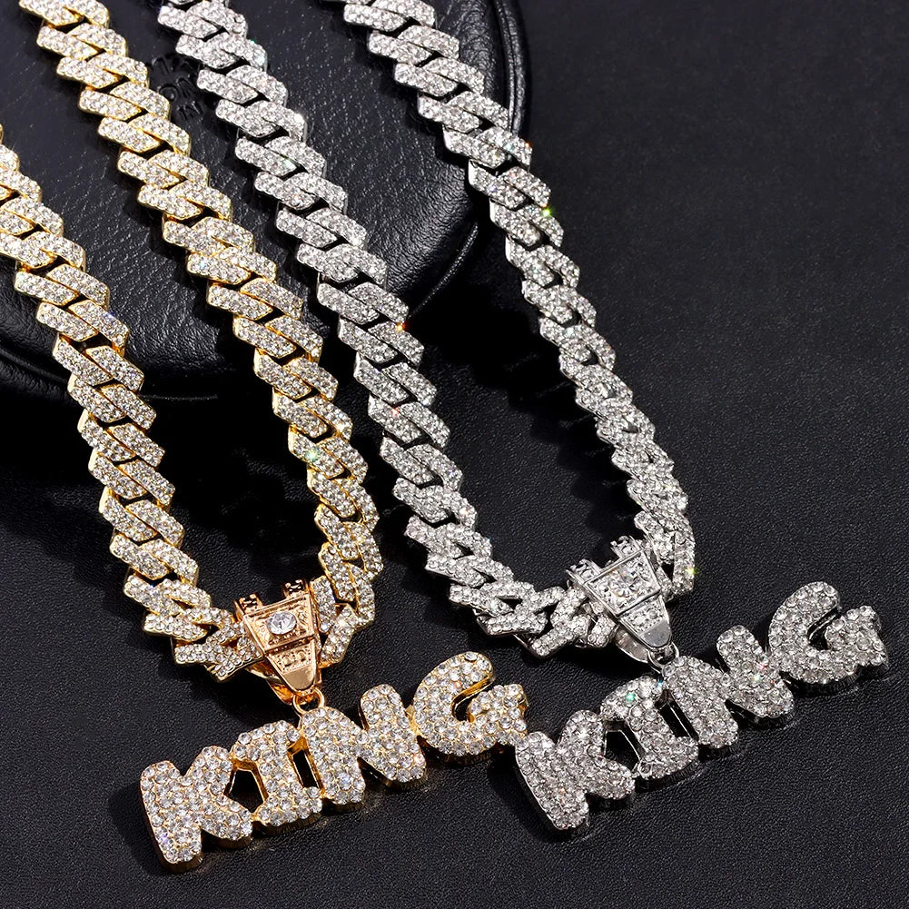 Iced Out Full Rhinestones KING QUEEN Letter Pendant Necklace 14mm Miami Rhombus Cuban Chain Hip Hop Necklaces Jewelry