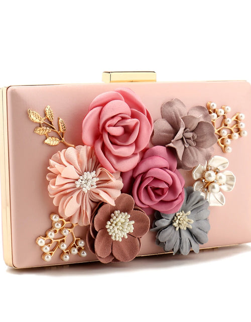 Load image into Gallery viewer, Elegant Pink Floral Evening Bag – Pearl &amp; Diamond Clutch with Glitter Shoulder Chain
