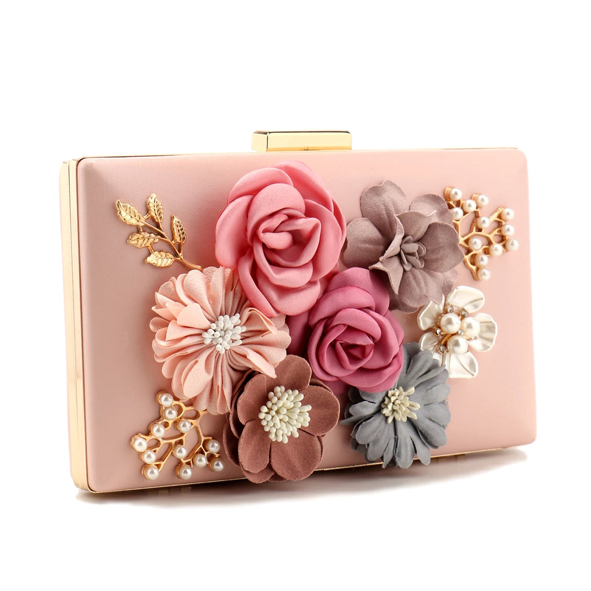 Elegant Pink Floral Evening Bag – Pearl & Diamond Clutch with Glitter Shoulder Chain