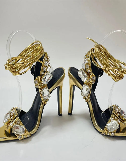 Load image into Gallery viewer, Luxury Gold Ankle Strap Sandals – Crystal Diamond Stripper Heels for Weddings &amp; Nightclubs
