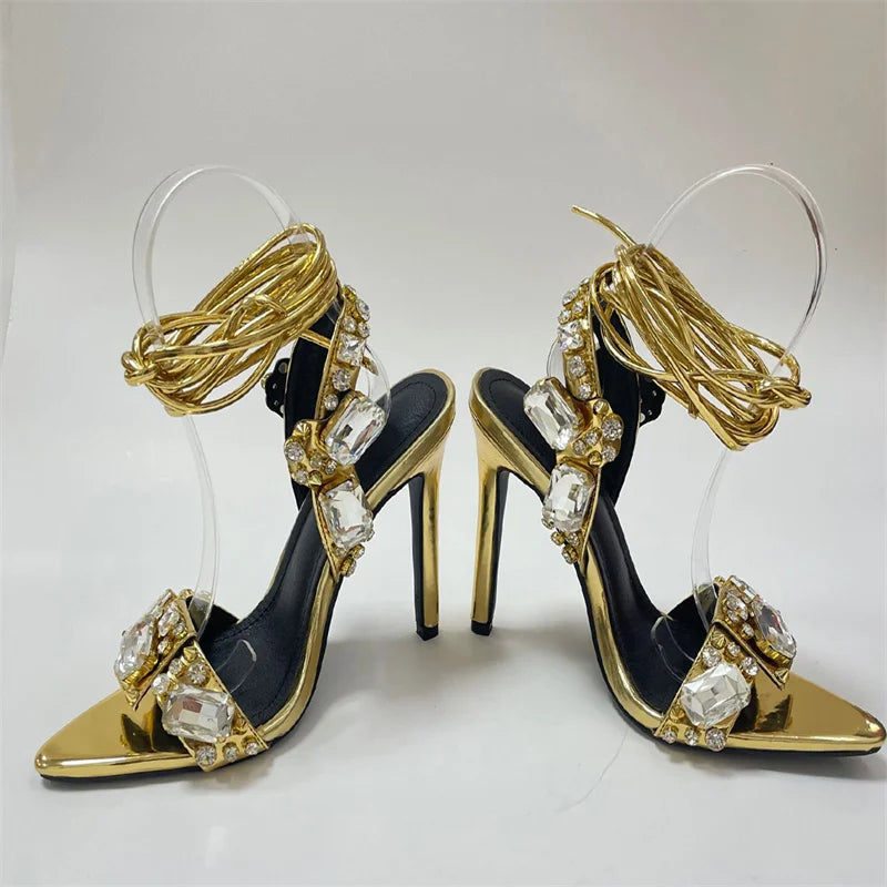 Luxury Gold Ankle Strap Sandals – Crystal Diamond Stripper Heels for Weddings & Nightclubs