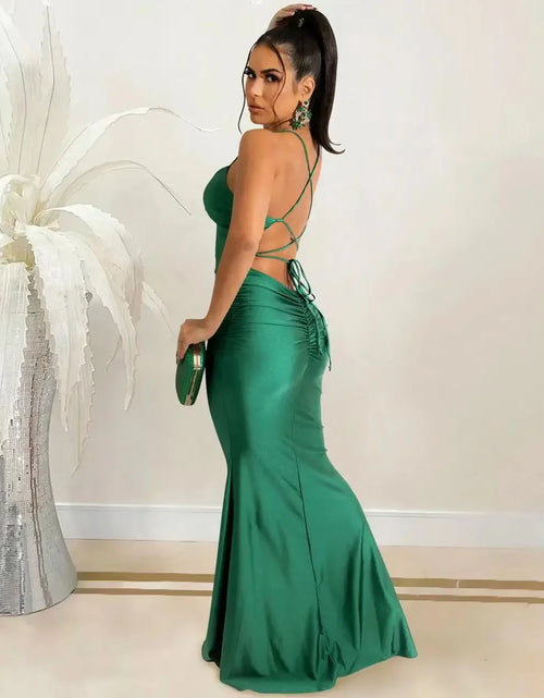 Load image into Gallery viewer, Sexy Lace-Up Backless Satin Maxi Dress – Solid Bodycon Evening Party Dress for Women
