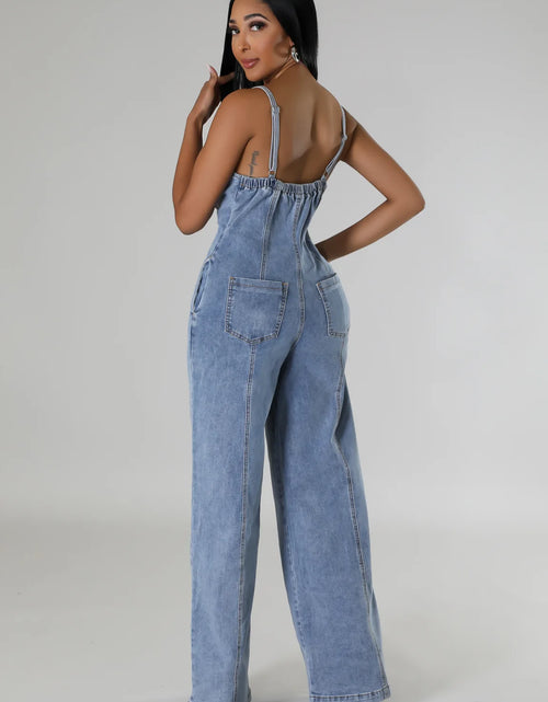 Load image into Gallery viewer, Sexy Denim Spaghetti Strap Jumpsuit – Patchwork Wide-Leg Romper for Women
