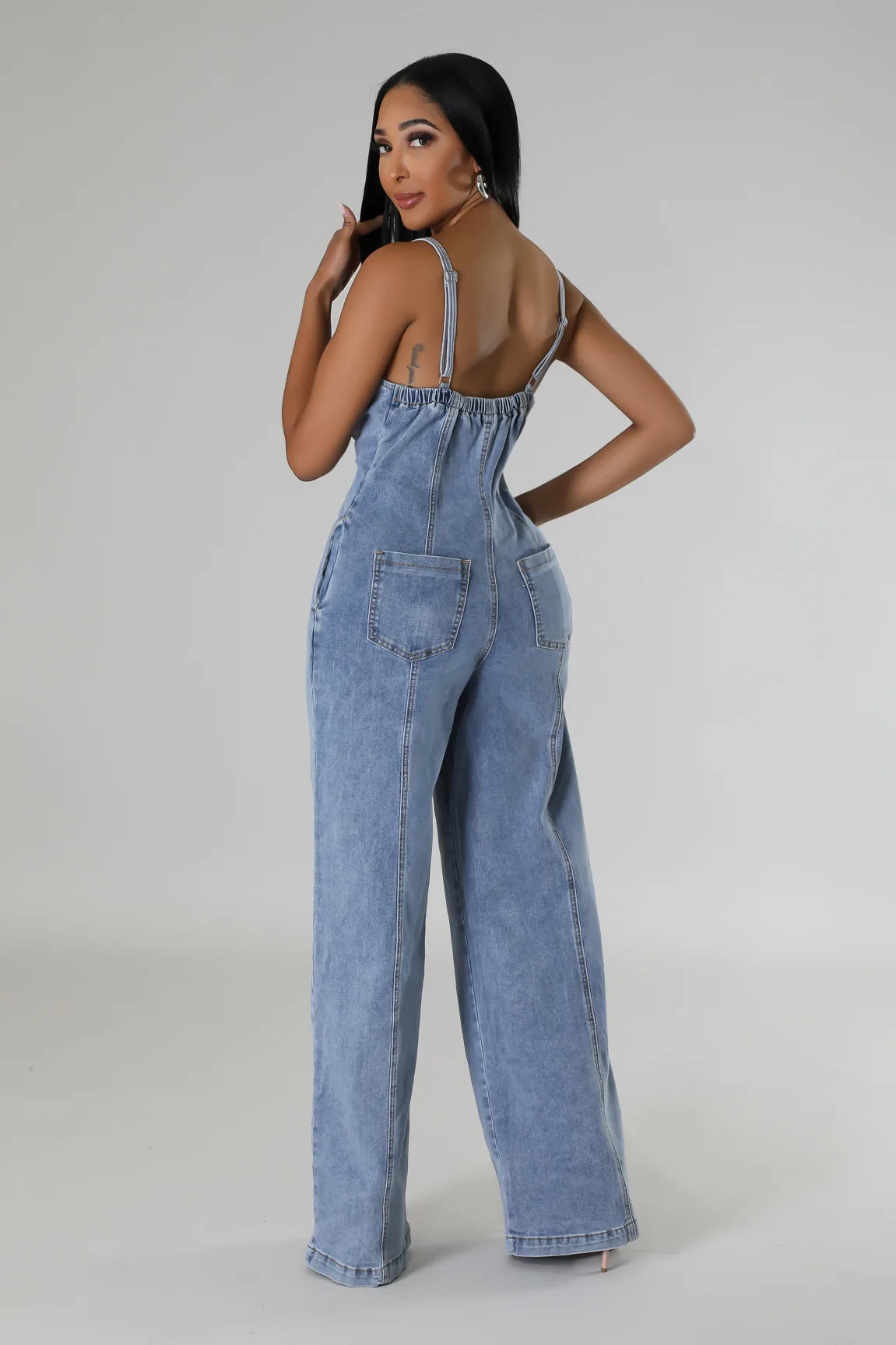 Sexy Denim Spaghetti Strap Jumpsuit – Patchwork Wide-Leg Romper for Women