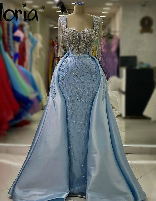 Load image into Gallery viewer, Floria Elegance: Light Blue Beaded Satin Prom Dress with Tassels &amp; Detachable Train
