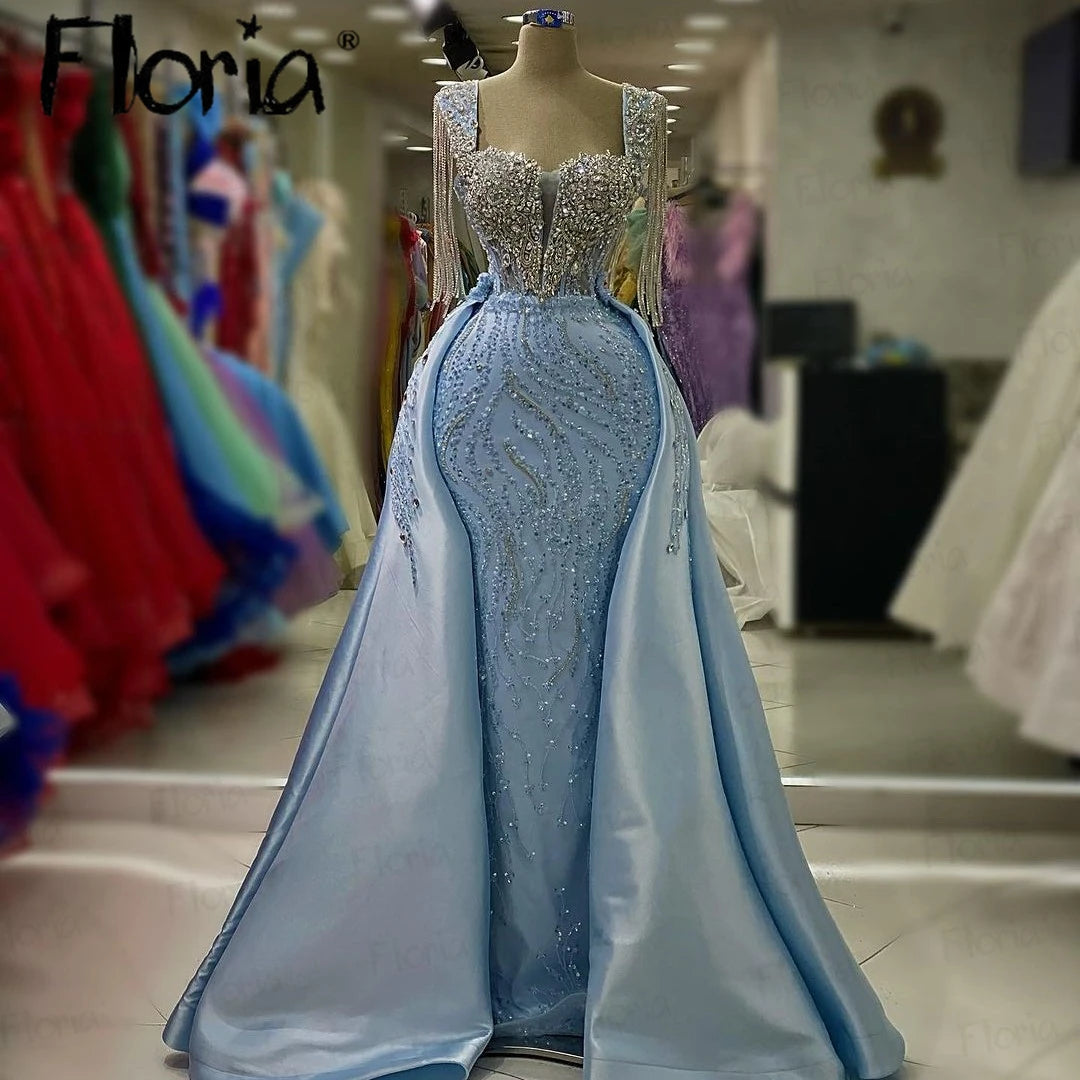 Floria Elegance: Light Blue Beaded Satin Prom Dress with Tassels & Detachable Train