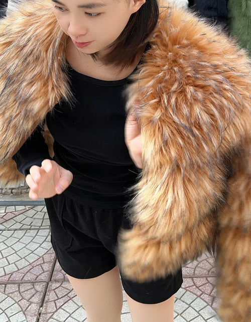 Load image into Gallery viewer, Luxury Faux Fur Coat – Women’s Thick Winter Jacket with Fox &amp; Raccoon Leather Detailing in Brown
