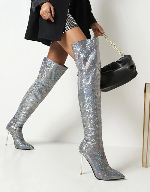 Load image into Gallery viewer, Fierce Elegance: Pointed Toe Stiletto Thigh-High Print Boots
