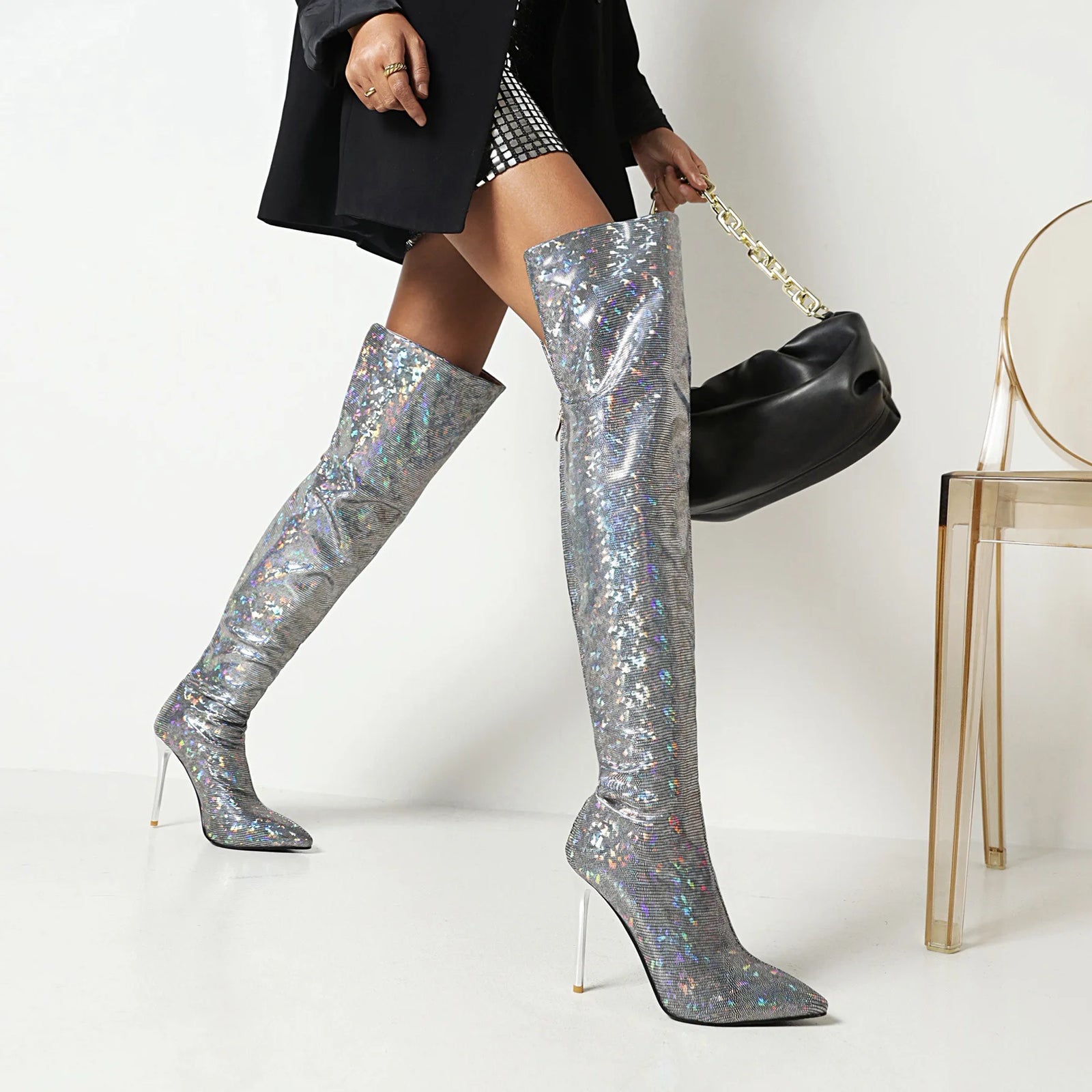 Fierce Elegance: Pointed Toe Stiletto Thigh-High Print Boots