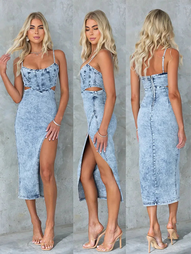 Sexy Retro Hollow-Out Denim Halter Dress – Sleeveless U-Neck Split Design