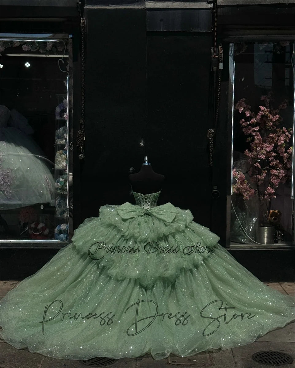 Mint Dream: Elegant Sparkly Quinceañera Ball Gown with 3D Floral Appliques