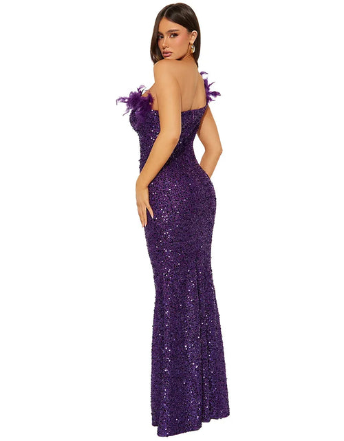 Load image into Gallery viewer, Dazzling Sequined Backless Maxi Dress with Feather &amp; Bead Detailing – Perfect for Birthday Party
