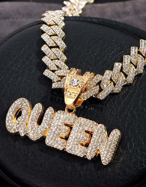 Load image into Gallery viewer, Iced Out Full Rhinestones KING QUEEN Letter Pendant Necklace 14mm Miami Rhombus Cuban Chain Hip Hop Necklaces Jewelry
