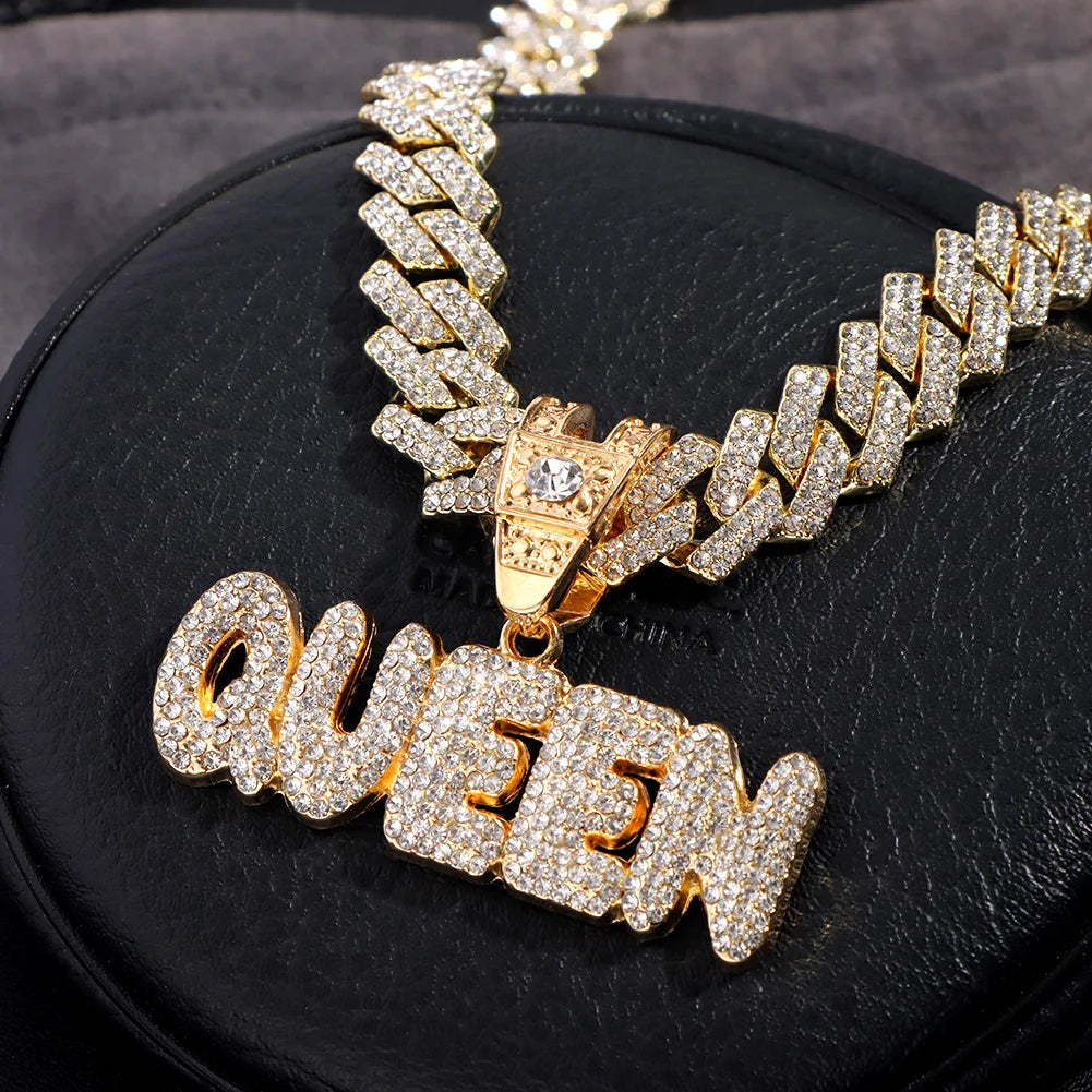 Iced Out Full Rhinestones KING QUEEN Letter Pendant Necklace 14mm Miami Rhombus Cuban Chain Hip Hop Necklaces Jewelry