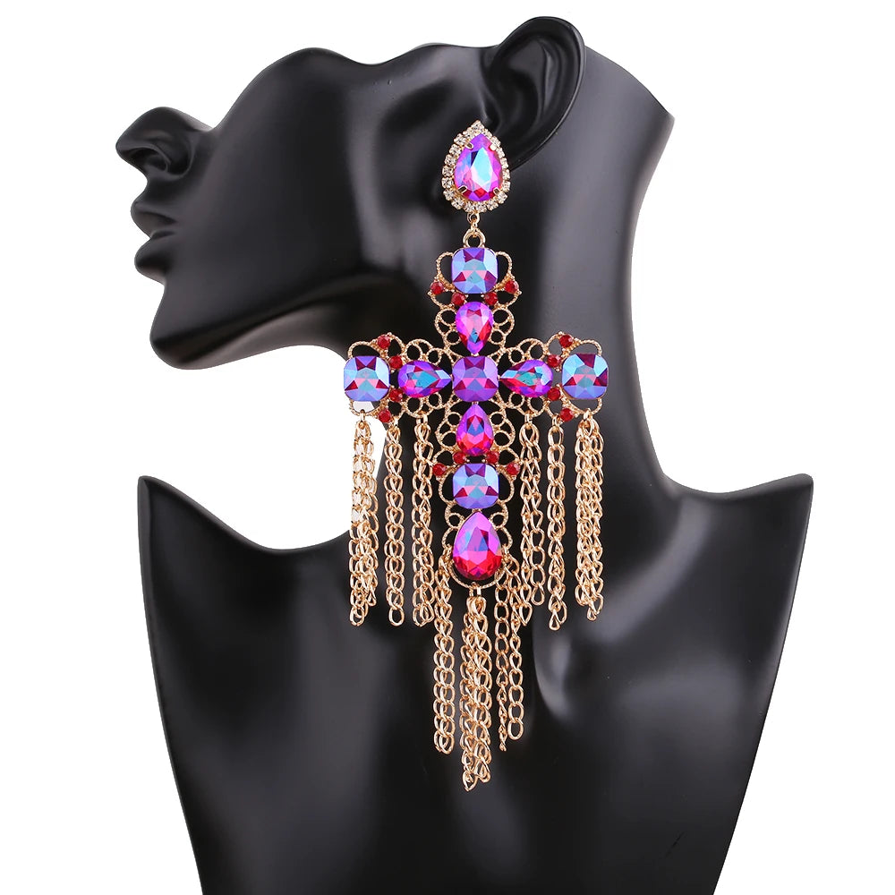 Statement Rhinestone Tassel Drop Earrings – Crystal Dangle Jewelry for Women