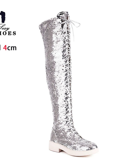 Load image into Gallery viewer, Dazzling Heights: Shiny Sequined Over-the-Knee Boots with Thick Heels
