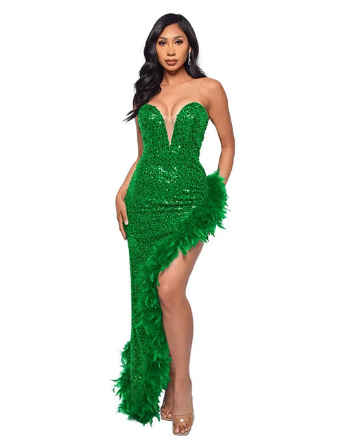 Load image into Gallery viewer, Strapless Sequin Feather Bodycon Dress – Elegant Cocktail &amp; Formal Party Wear for Women
