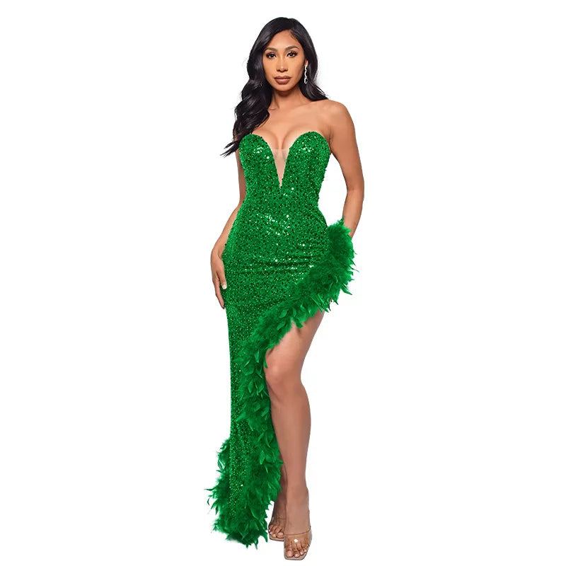 Strapless Sequin Feather Bodycon Dress – Elegant Cocktail & Formal Party Wear for Women